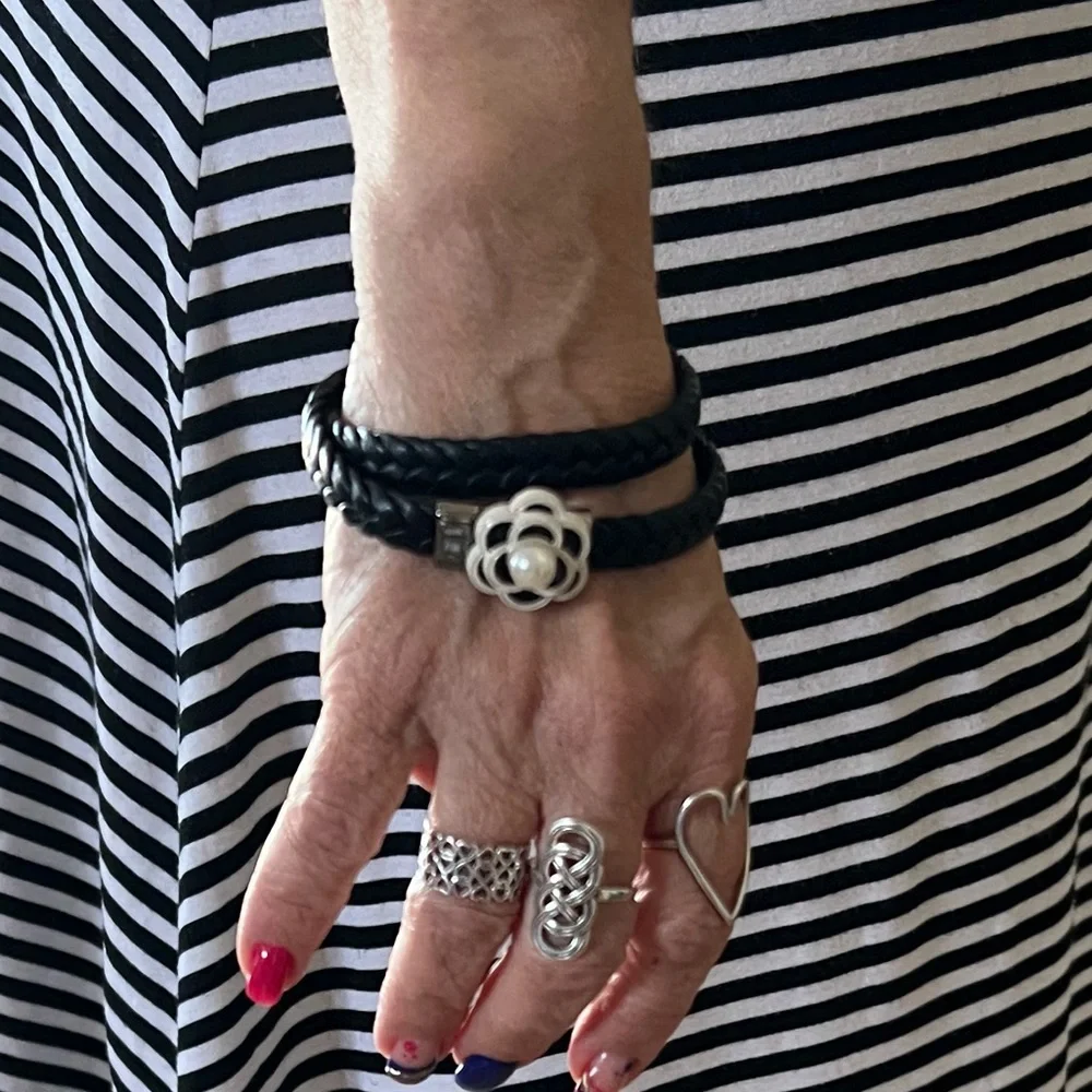 Black Braided Bracelet with Black & White Camellia Flower Charm - Picture 10 of 11